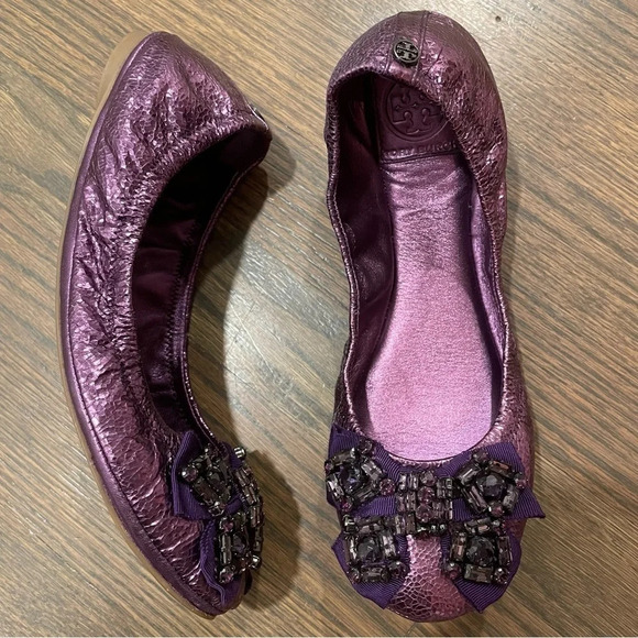 Tory Burch Azalea Crystal Bow Ballerina Flats Metallic Purple Leather Size 9 - Picture 2 of 12